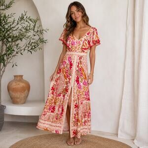 Boho Floral Flutter Sleeve Maxi Dress Cottagecore Est XS S Pink Red Tan
